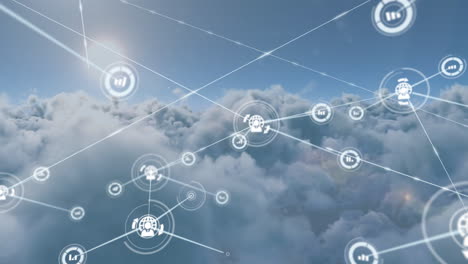 animación de la red de conexiones con iconos sobre el sol brillante y las nubes