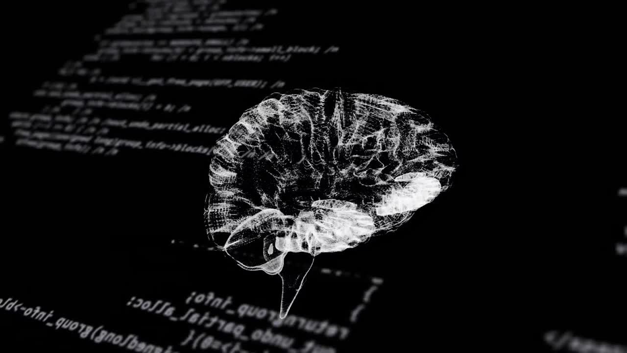 Animation of human brains spinning and data processing on black background