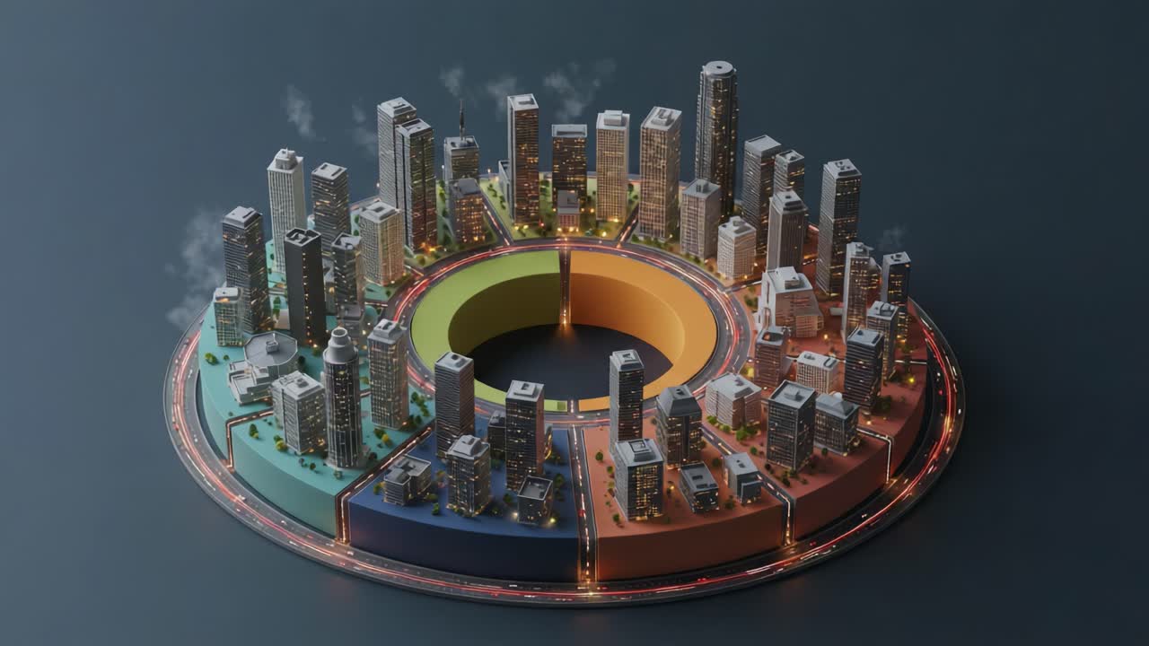 Aerial View of a Modern City Layout: Circular Urban Design with Segmented Zones and Surrounding Skyscrapers at Night