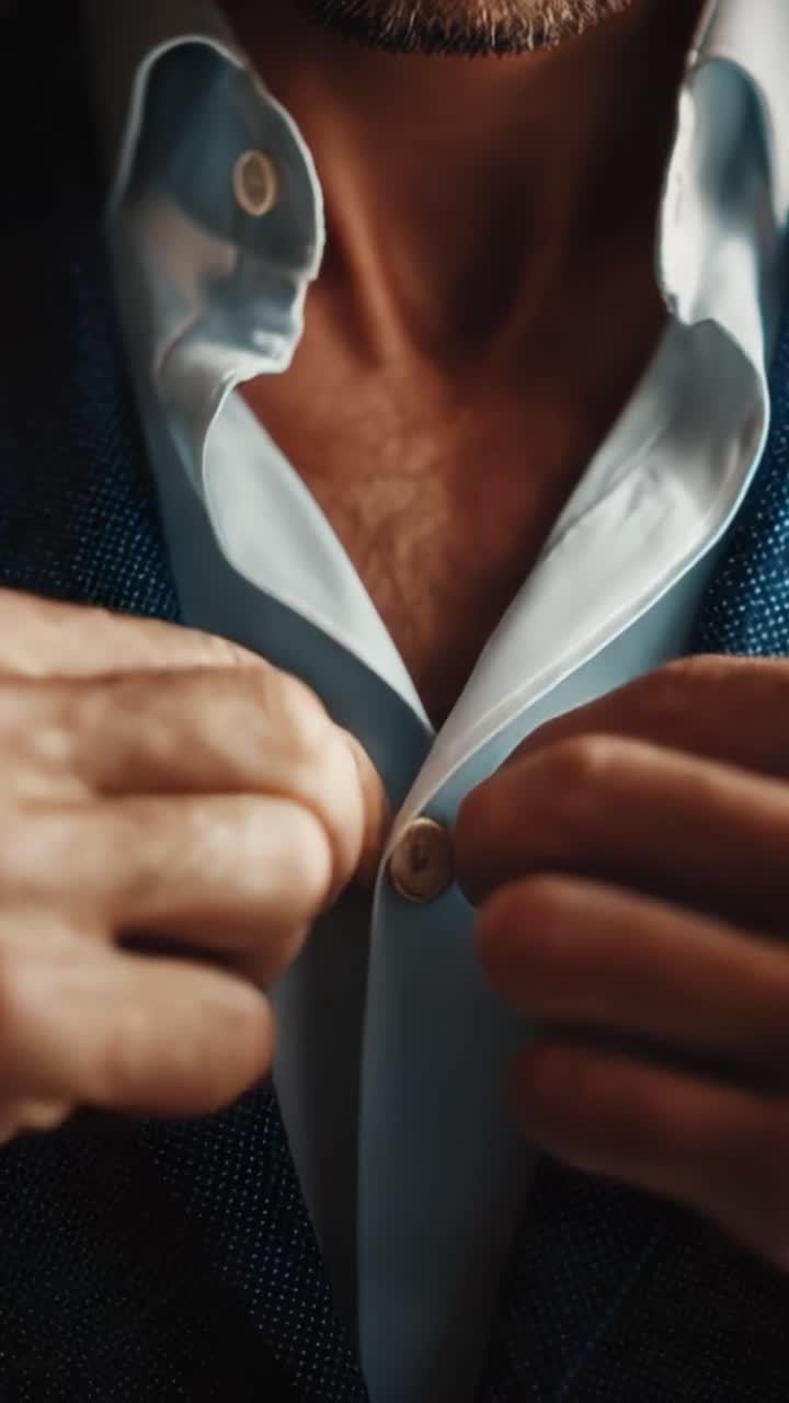 A Close-Up of a Man's Hands Buttoning a Dress Shirt, Showcasing Elegance and Attention to Detail in Formal Attire and Personal Grooming