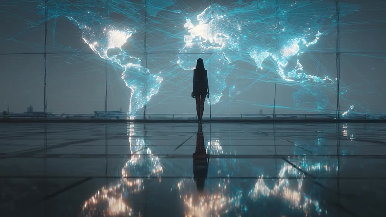 Mulher observa mapa-múndi digital brilhante em espaço urbano moderno