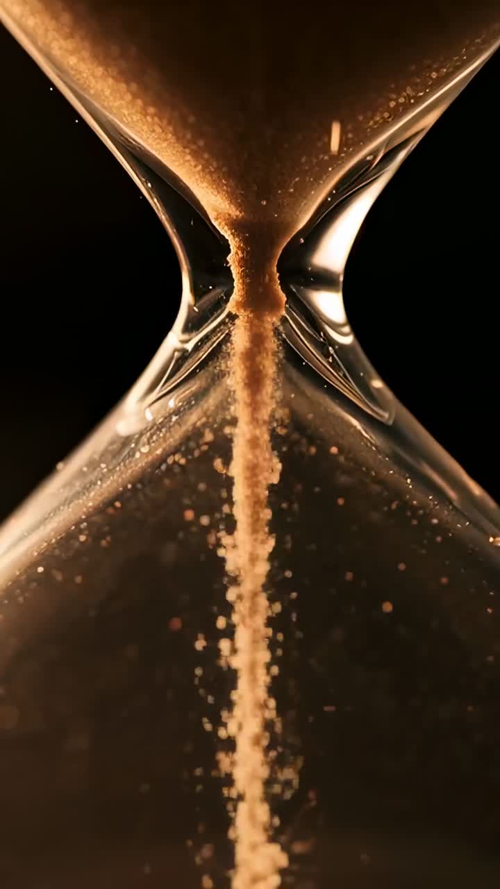 Vertical video: Gravity pulling hourglass pouring golden sand through narrow neck in studio, timing