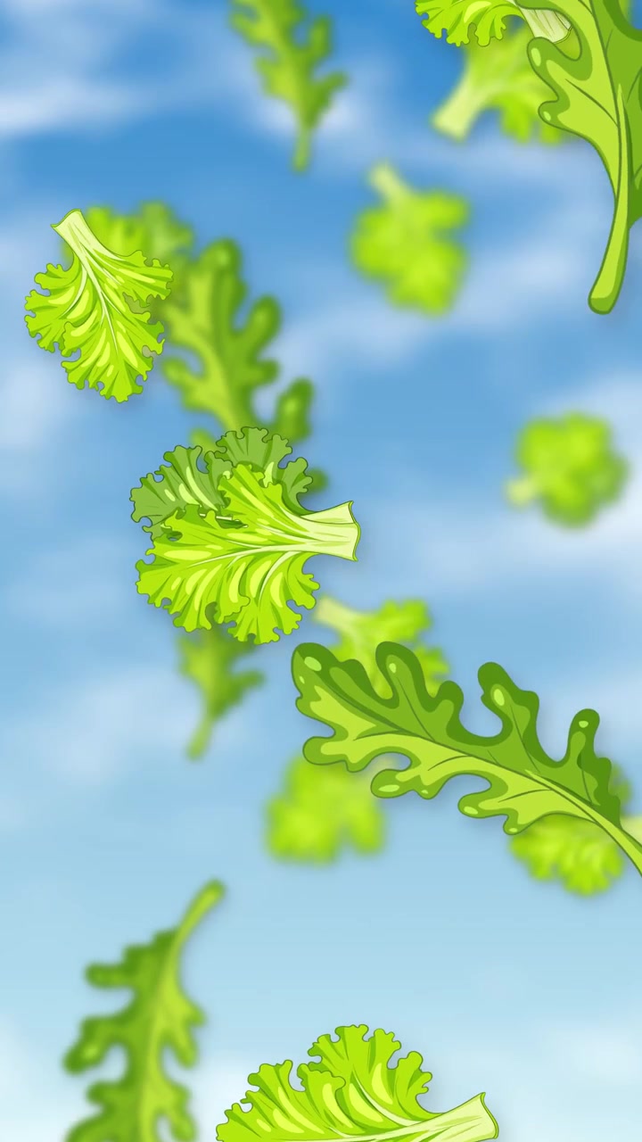 Green salad leaves fall through the air against a bright blue sky with soft clouds.