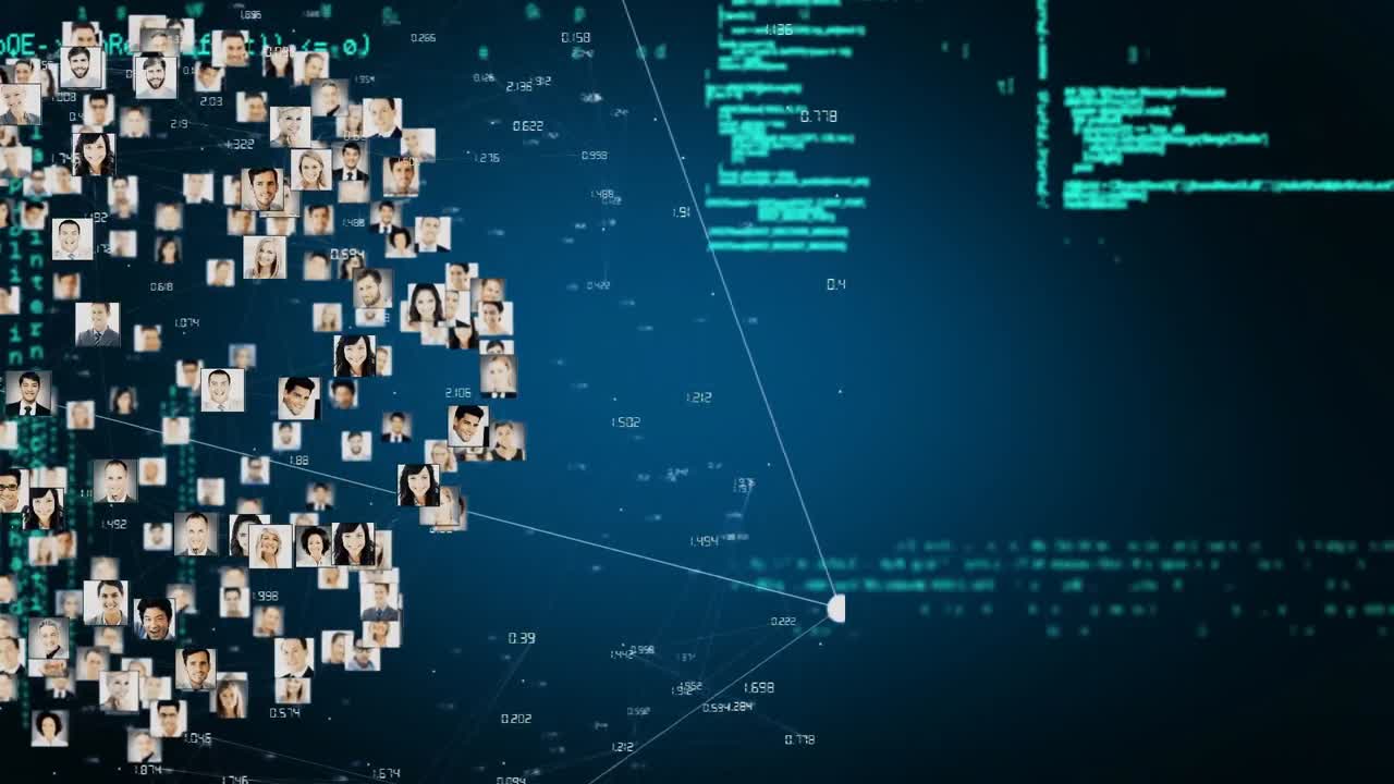 Animation of interface showing information and data with moving globe of connected people images