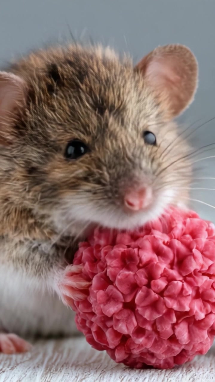 Adorabile Roditore che si Gode un Dolcetto: Primo Piano di un Topo che Tiene un Lampone Rosa Brillante con un'Espressione Tenera