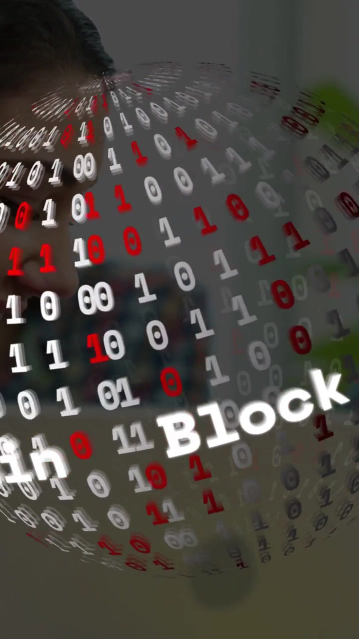 Vertical video: Woman gazing hand tapping spinning binary sphere showing blockchain obscuring face