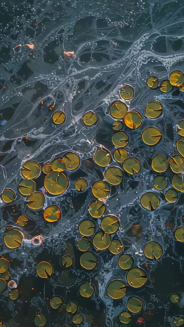 Video verticale: Gruppo di ninfee che galleggia e si sposta con un leggero movimento della superficie su uno stagno, con schiuma