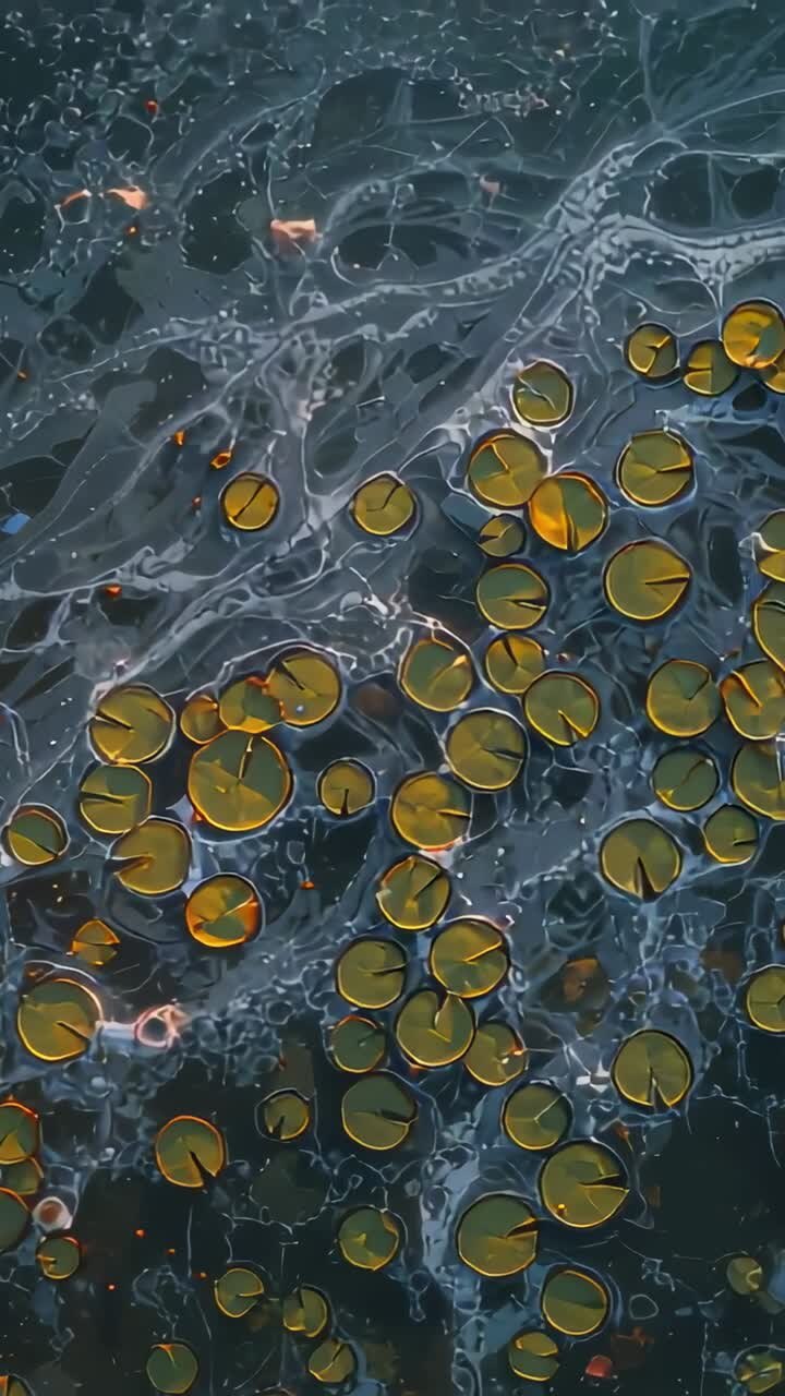Video verticale: Gruppo di ninfee che galleggia e si sposta con un leggero movimento della superficie su uno stagno, con schiuma