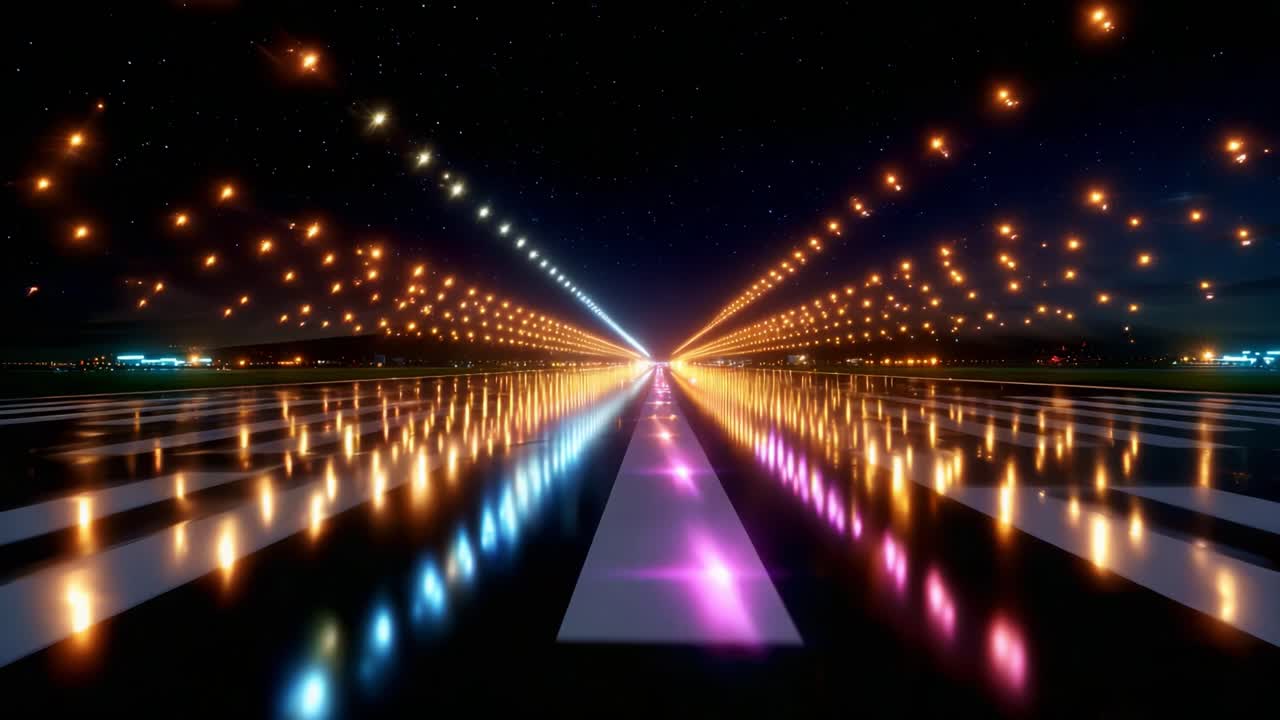 En levende Runway-scene om natten med blændende lys, der reflekteres på jorden, fanget fra en lav engel, der viser skønheden i belyste stier under en stjerneklar himmel