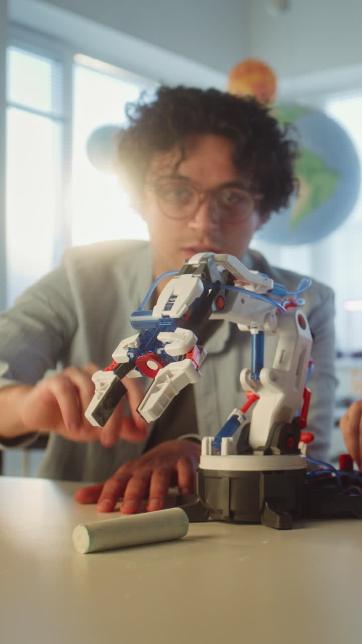 Student interacting with a robot arm in a classroom