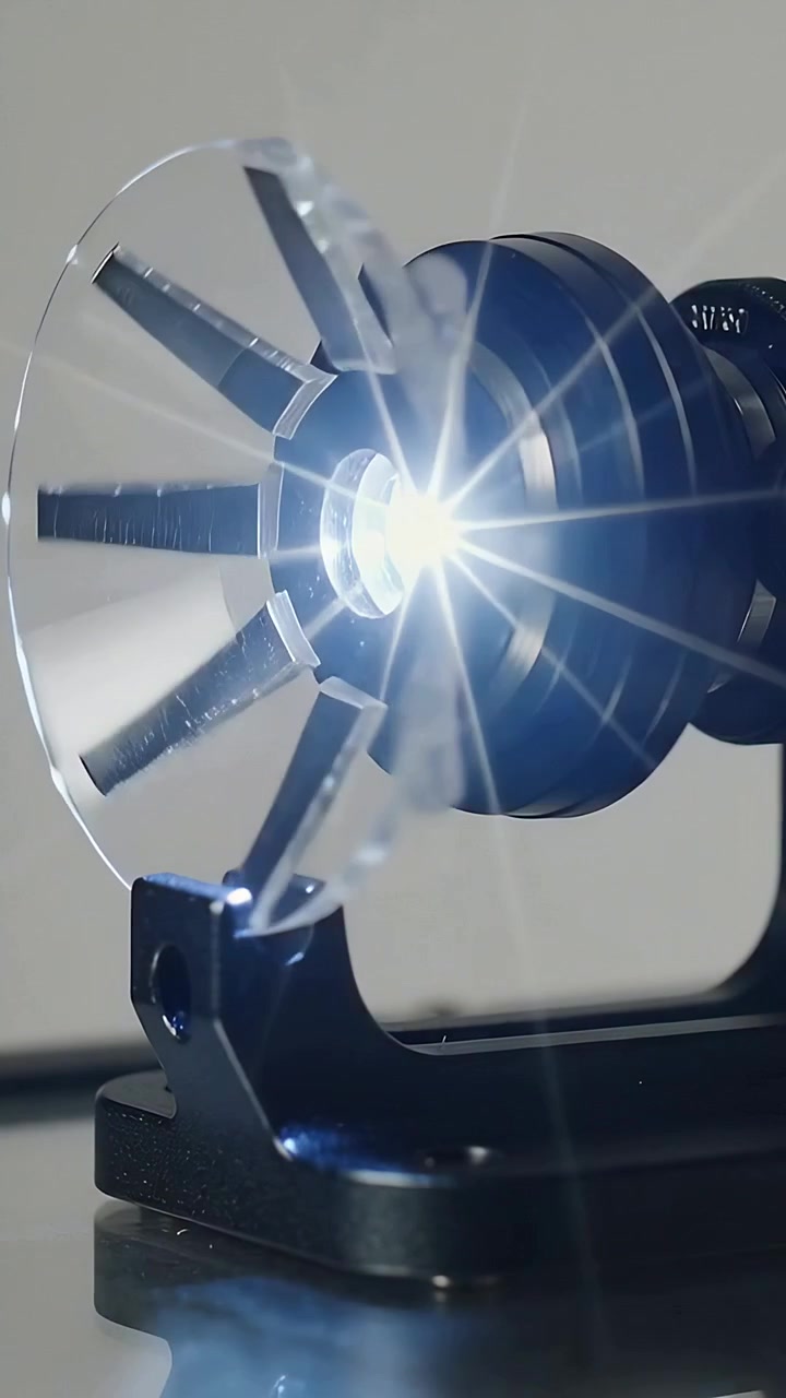 Vertical video: Rotating module showing clear disc with radial blades moving over LED lens on table