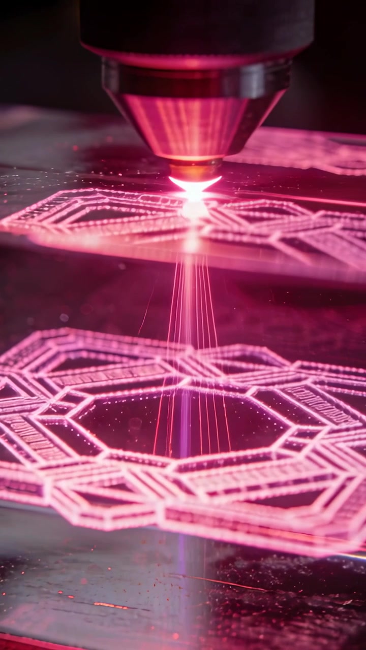 Pystyvideo: Syttyvä säde, lasersuutin jäljittää kuvion akryylille laboratoriossa kaiverrusta varten.