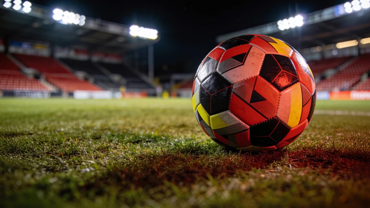Kamera geri çekilerek çim sahayı ve tribünleri ortaya çıkarıyor, desenli futbol topunu sergilemek için metin alanı bırakıyor.