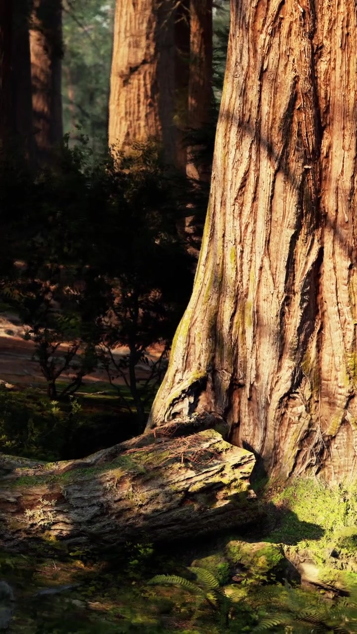 Un árbol alto se erige en un bosque con musgo y el sol filtrándose entre las ramas