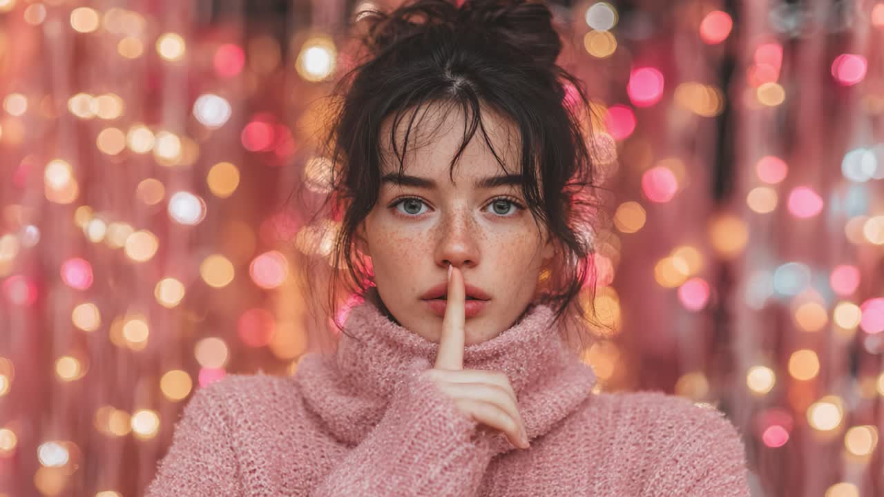 Una giovane donna con un morbido maglione rosa fa un gesto di silenzio su uno sfondo di luci bokeh colorate, catturando un momento di intrigo e mistero