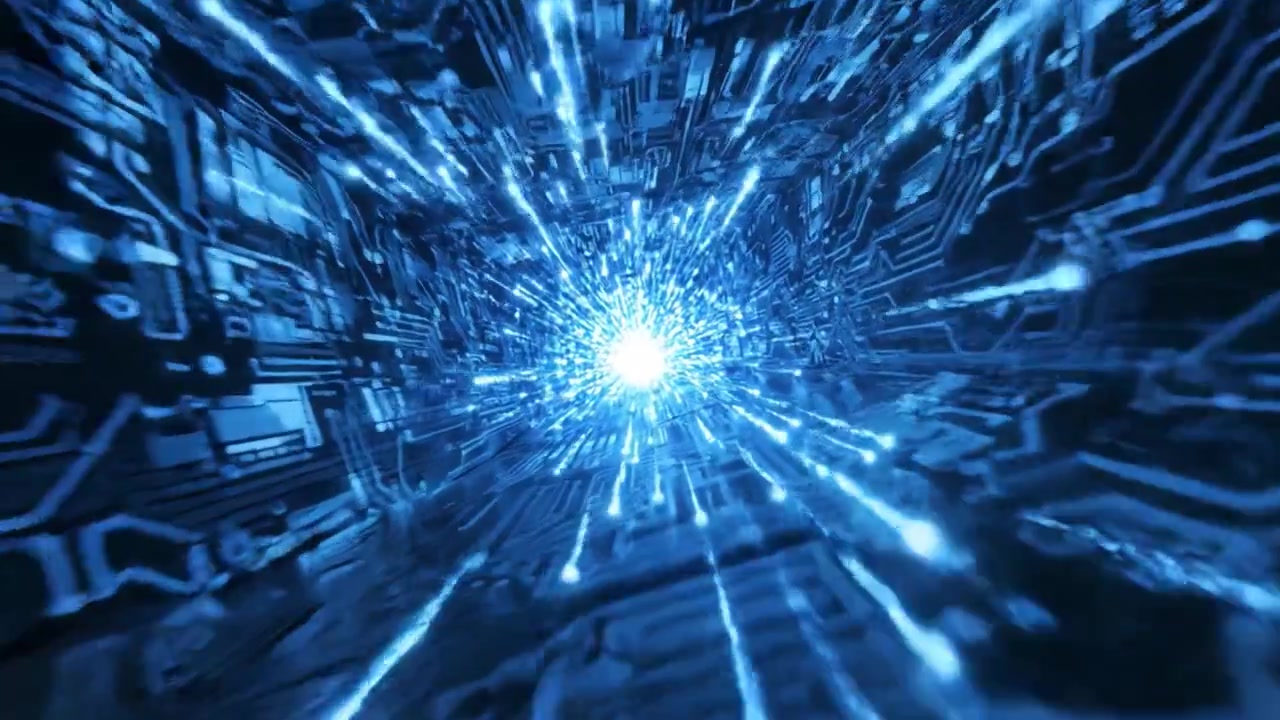 Dynamic Journey Through a High-Tech Digital Space with Glowing Blue Light and Circuitry, Capturing the Essence of Innovation and Technology