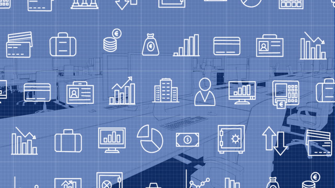 animación de múltiples iconos y patrón de cuadrícula sobre modelo 3d de espacio de trabajo digital en la oficina