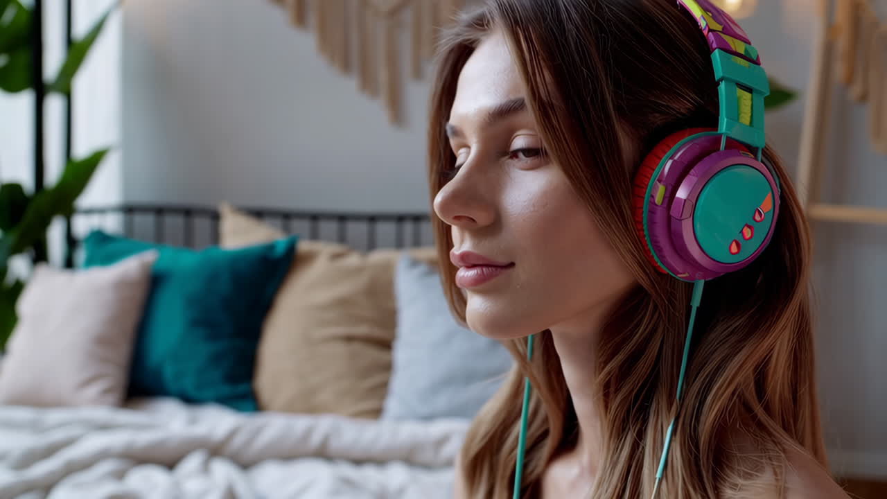 Woman Relaxing with Headphones in a Cozy Bedroom