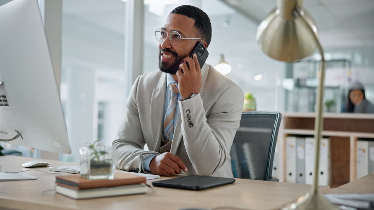 Business man, phone call and computer for office