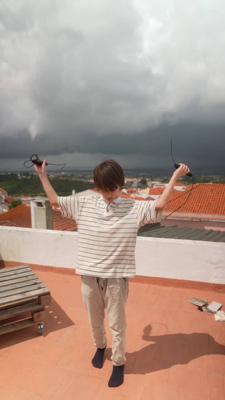 Child Skipping Rope on a Rooftop