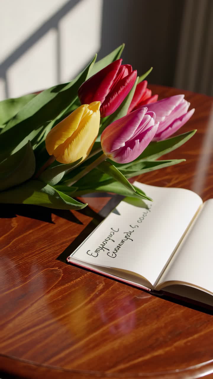 Beautiful Tulips and a heartfelt note on a Wooden Table