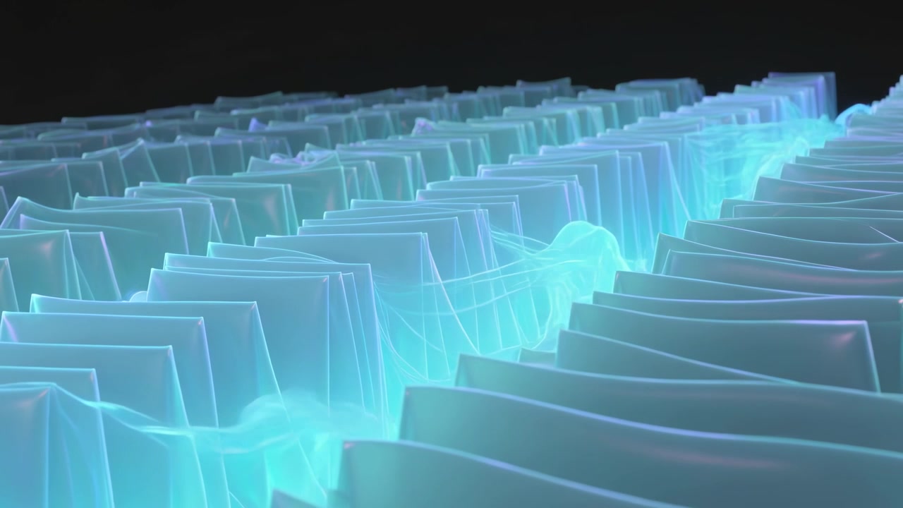 Rising glow sparking wave moving along center channel in studio through frosted panels, magenta rim
