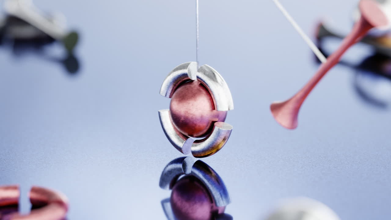 Geometric shapes swinging through ring. 3d animation looped