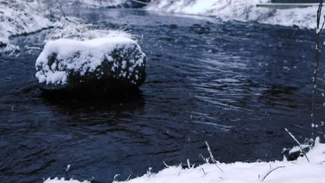 low angle slow motion footage of dark fast flowing cold river water flowing between snow covered river banks and a large rock covered in grass, moss and snow is in the middle. snow is falling down.