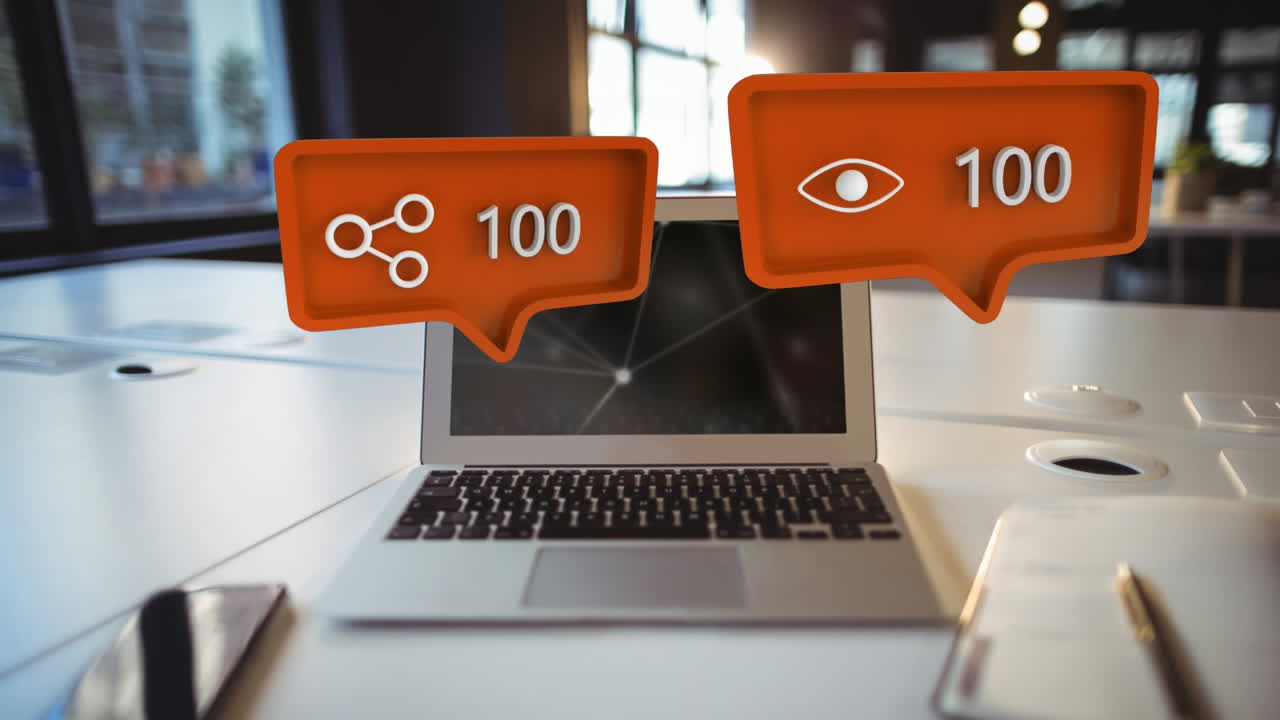 y compartir símbolos de búsqueda y números crecientes en computadoras portátiles, teléfonos inteligentes y cuadernos en la mesa