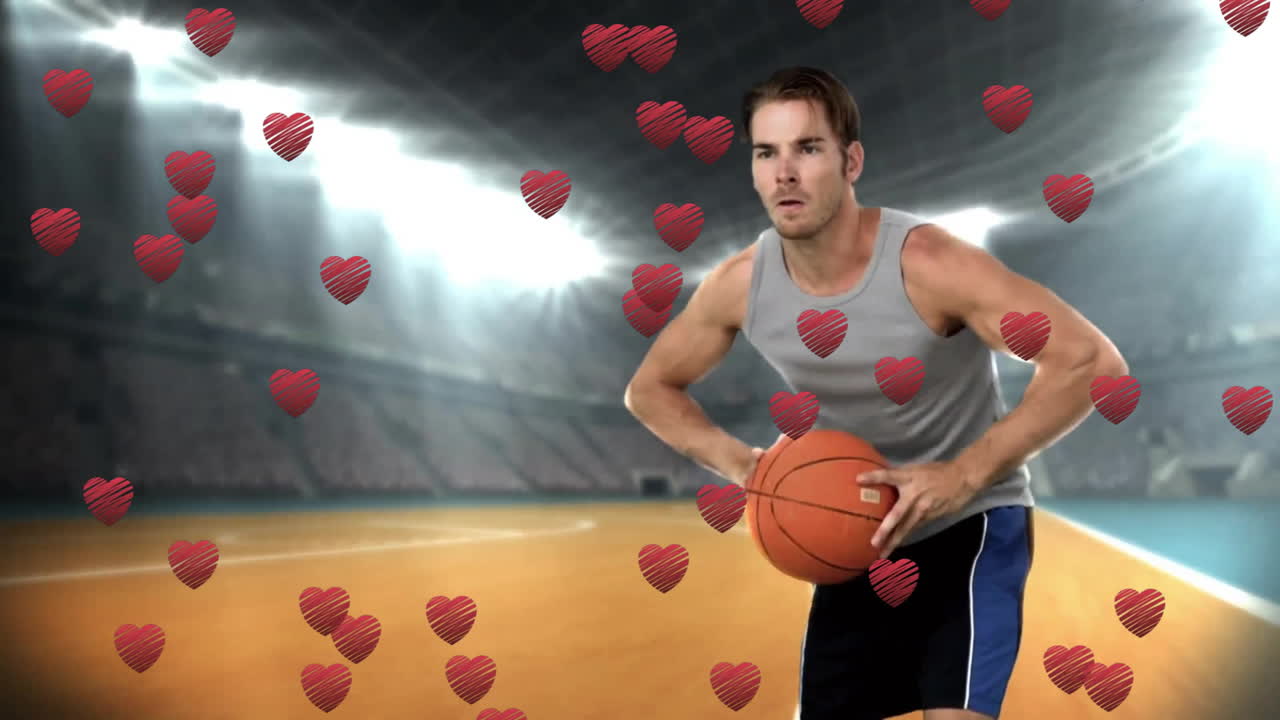 Dribbling basketball on court, player surrounded by animated red hearts