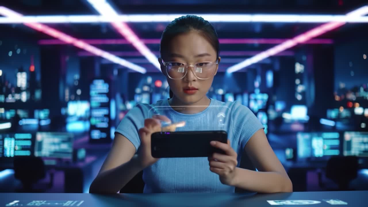 Focused Gamer Engaged in Mobile Gameplay Amidst a High-Tech Environment Featuring Glowing Screens and Digital Interfaces