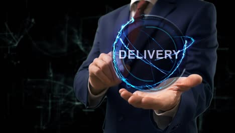 businessman shows concept hologram delivery