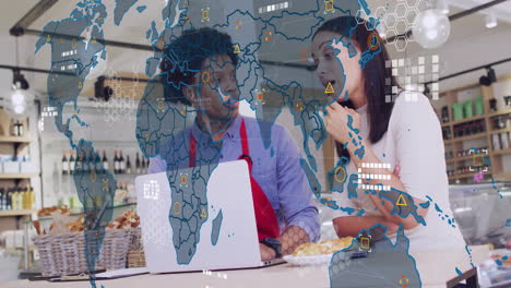 animación del procesamiento de datos financieros sobre personas de negocios en una cafetería