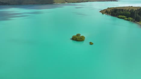 turquoise lake tekapo with lone submerged bush in middle, aerial