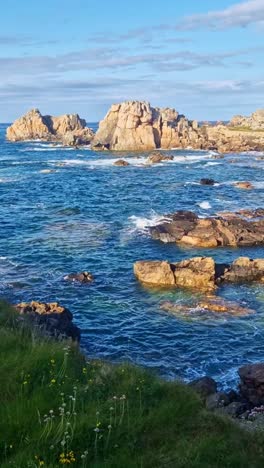vertical shot of waves crashing on rocks, with green cliff grass in foreground along brittany’s rugged coast.