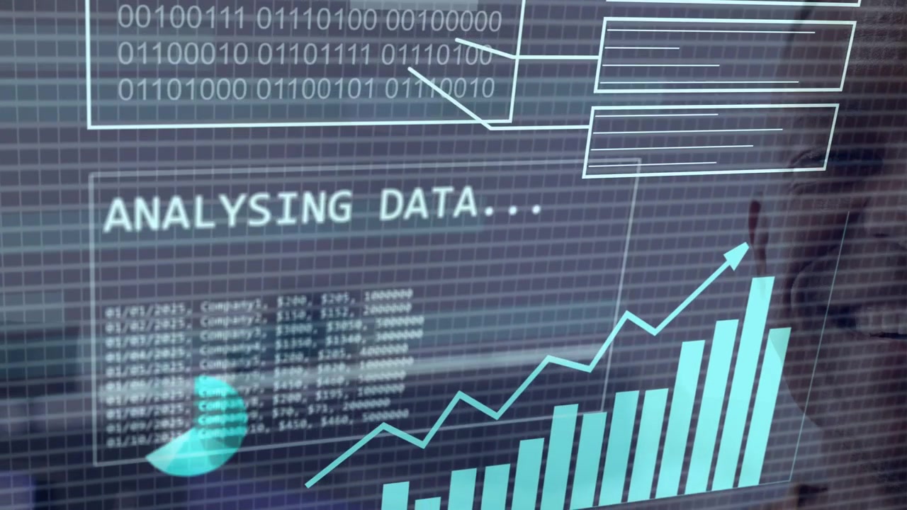 Waveform appearing, man monitoring HUD, percentages updating, charts analysing finance data