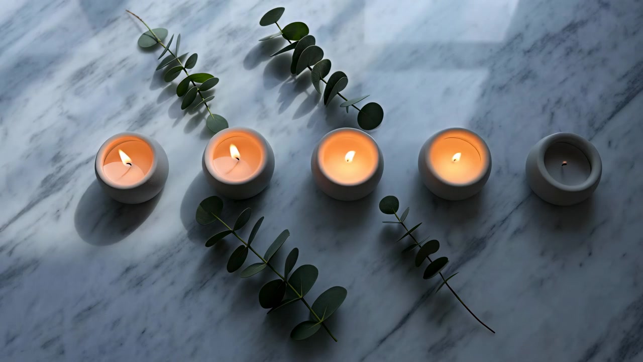 Vue de dessus de petits photophores en céramique disposés sur une surface en marbre blanc avec des branches d'eucalyptus, des ombres douces et une esthétique propre et calme.