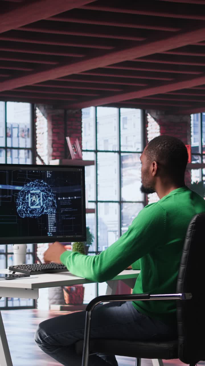 Vertical Video African american technician writes code on AI brain neural network