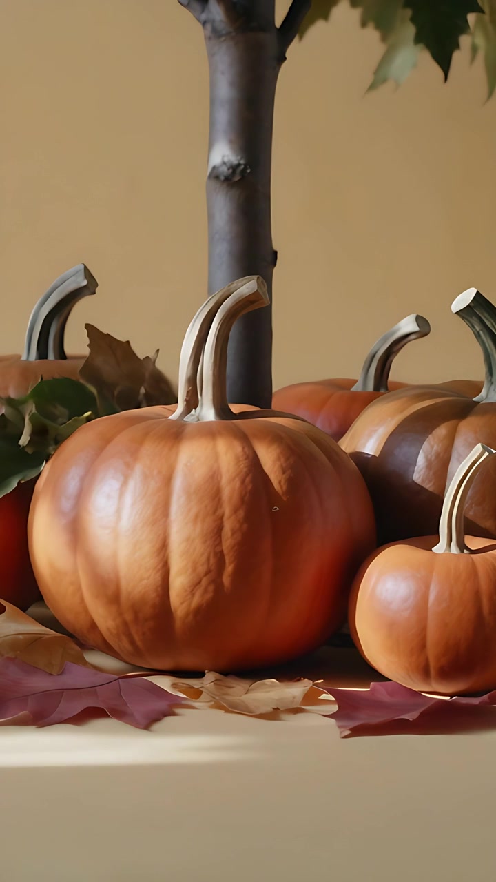 Vertical video: Gliding camera showing pumpkins and tree trunk on table, framing main pumpkin