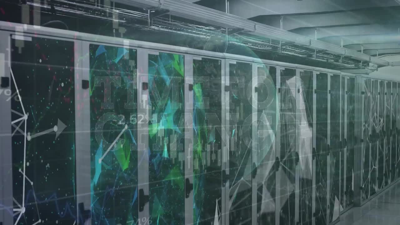 Animation of globe, diverse financial data and graphs over servers