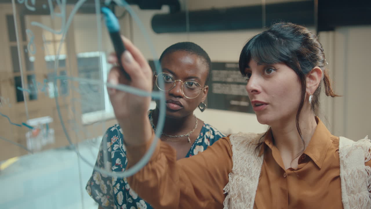 trabajadoras de oficina dibujando un diagrama financiero en una pared de vidrio