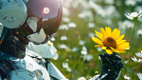 robot holding sunflower in a colorful flower field at sunrise. a robot admires a bright sunflower surrounded by blooming flowers under the warm glow of morning light.
