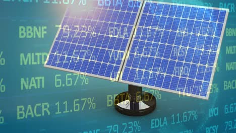 Animation-of-trading-board-and-solar-panel-on-abstract-background-with-lens-flare