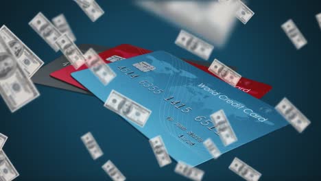 Animation-Von-US-Dollar-Banknoten,-Die-über-Kreditkarten-Fallen