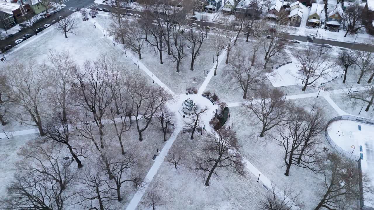 Aerial shot of Lincoln Park in Cleveland, Ohio covered in snow.
