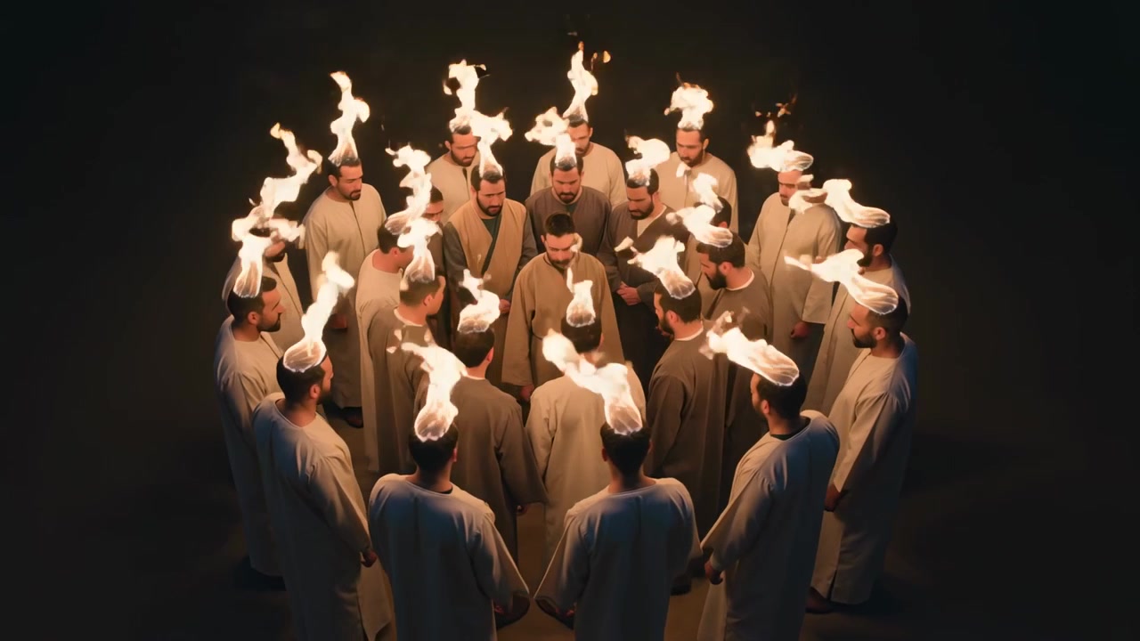 Uomini in tuniche che si tengono per mano e formano un cerchio su un palco con corone bianche, mentre fiamme vive incitano al rituale.