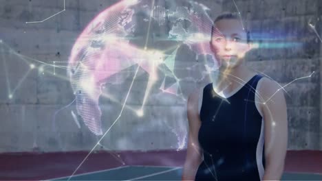 Animation-of-network-of-connections-over-female-tennis-player-at-tennis-court