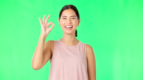 ok hands, face and happy woman on green screen