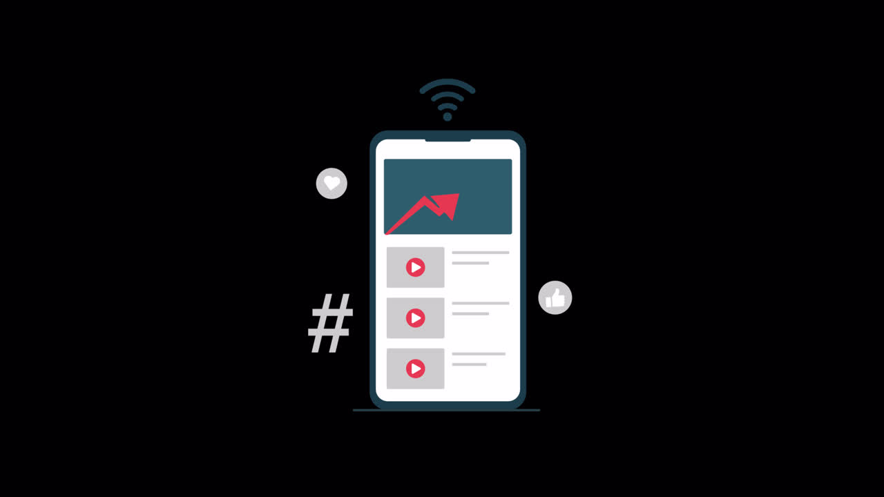 Animated Smartphone Displaying Social Media Video Content and Growth