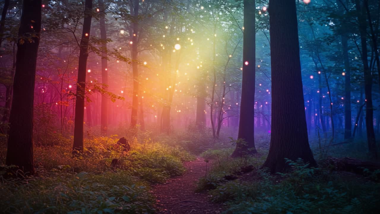 A Mystical Forest Scene Infused with Vibrant Lights, Colorful Hues, and a Sense of Enchantment, Capturing the Essence of Nature's Wonder in a Dreamlike Setting